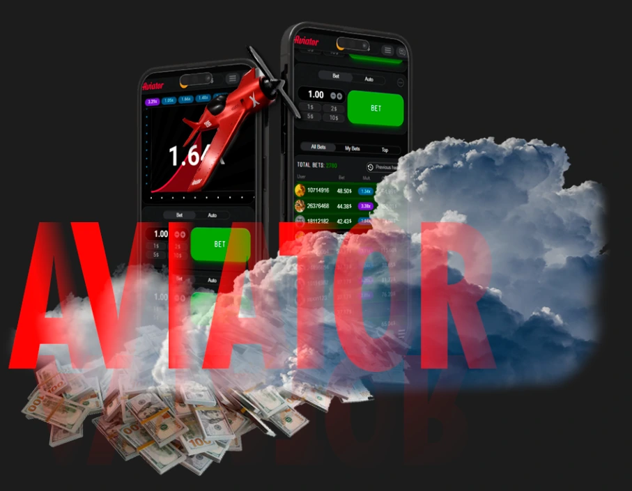 Aviator themed graphic with phones, airplane, clouds and cash